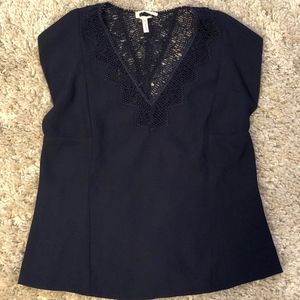 Navy Short Sleeve Crochet Trim Blouse